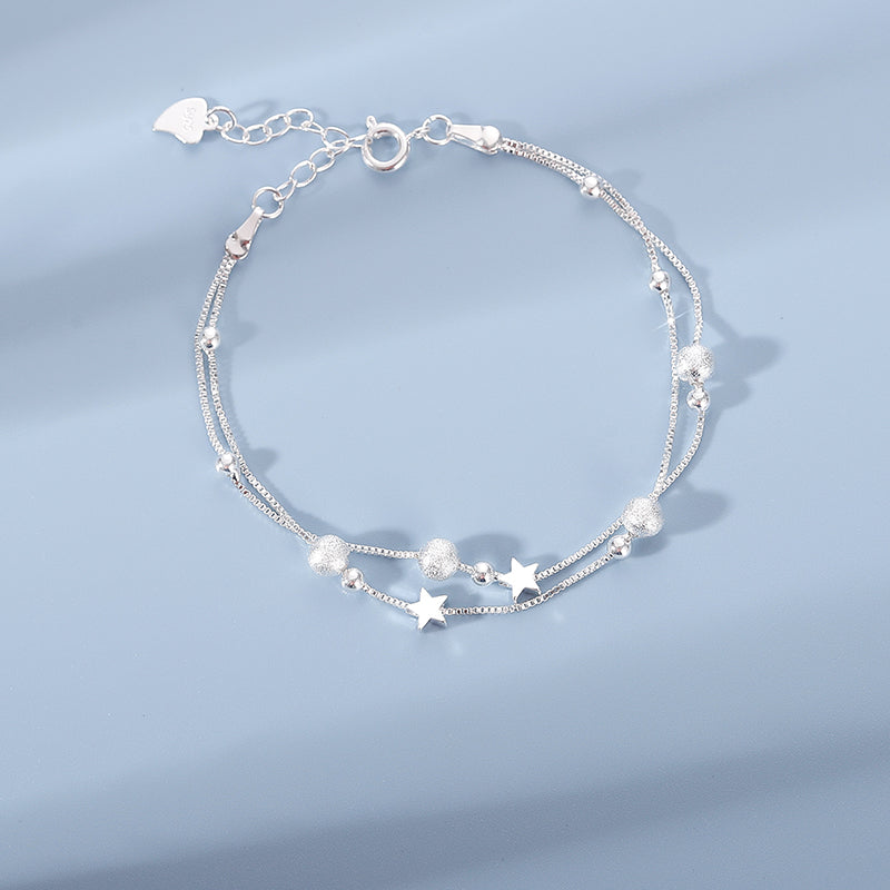 925 Sterling Silver Double Star Bracelet for Girls – Japanese & Korean Style