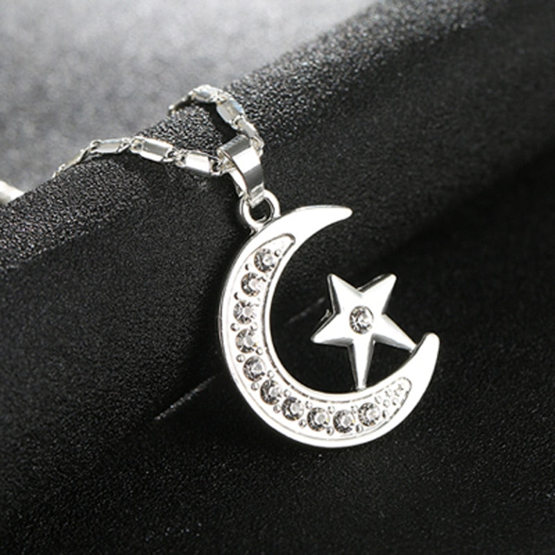 Muslim Crescent Pendant Necklace – Silver & Gold Cubic Zirconia Moon Star Jewelry for Women