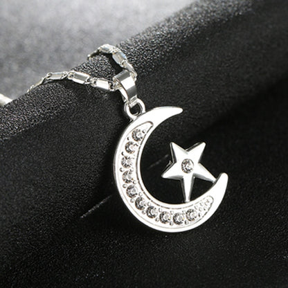 Muslim Crescent Pendant Necklace – Silver & Gold Cubic Zirconia Moon Star Jewelry for Women