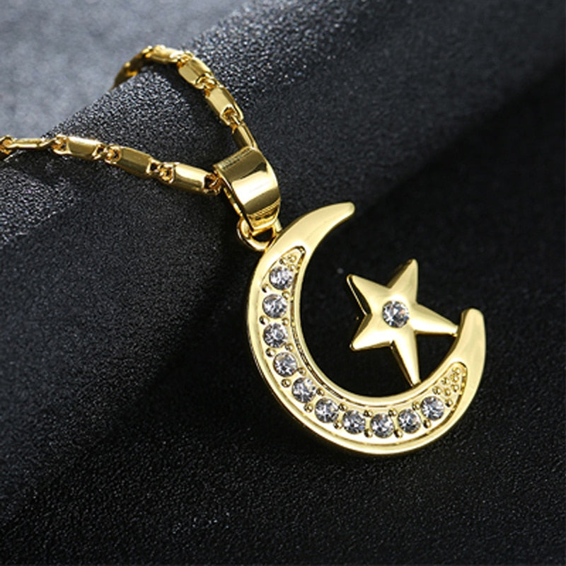 Muslim Crescent Pendant Necklace – Silver & Gold Cubic Zirconia Moon Star Jewelry for Women