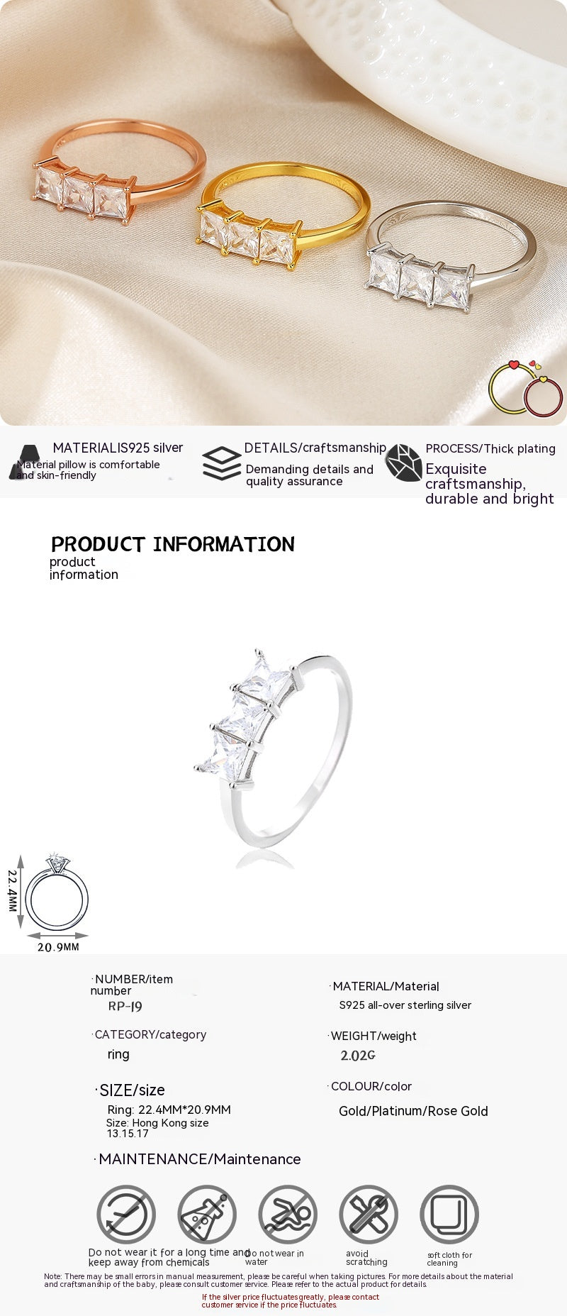 Female Zircon 925 Silver Ring – Simple Geometric Design in Gold, Platinum & Rose Gold