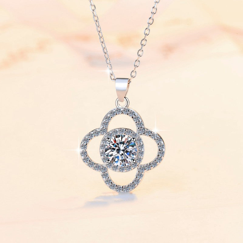 Women's Fashion 925 Sterling Silver Moissanite Pendant Necklace – Flower Design