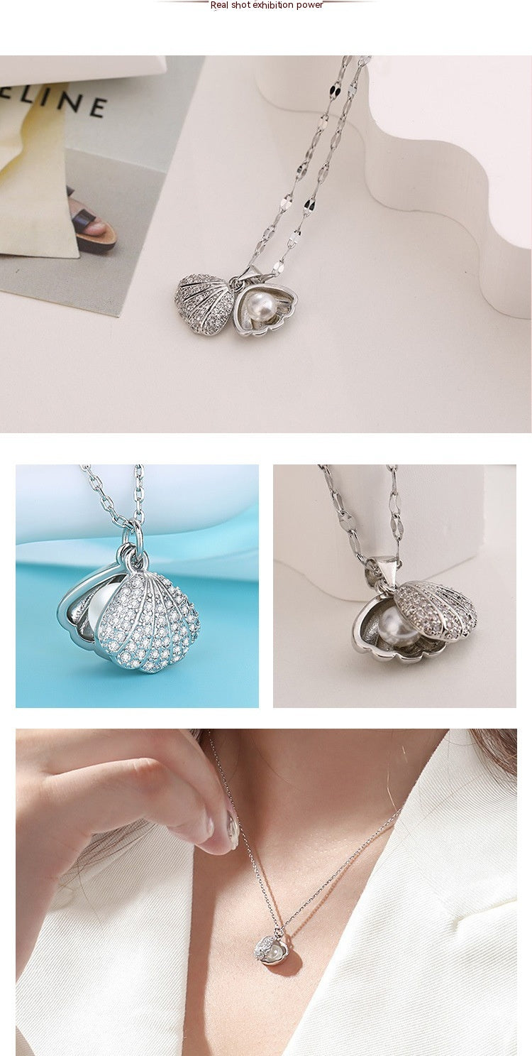 Shell Pearl Pendant Titanium Steel Necklace – Light Luxury Micro Inlay Rhinestones, Animal/Zodiac Design