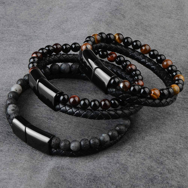 Natural Marnau Leather Bracelet – Unisex Double Bracelet with Alloy Detailing