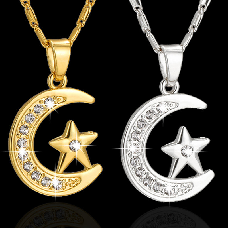 Muslim Crescent Pendant Necklace – Silver & Gold Cubic Zirconia Moon Star Jewelry for Women