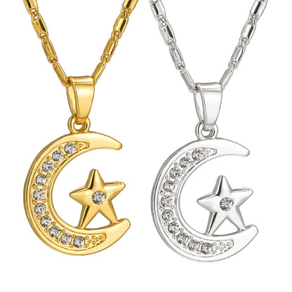 Muslim Crescent Pendant Necklace – Silver & Gold Cubic Zirconia Moon Star Jewelry for Women