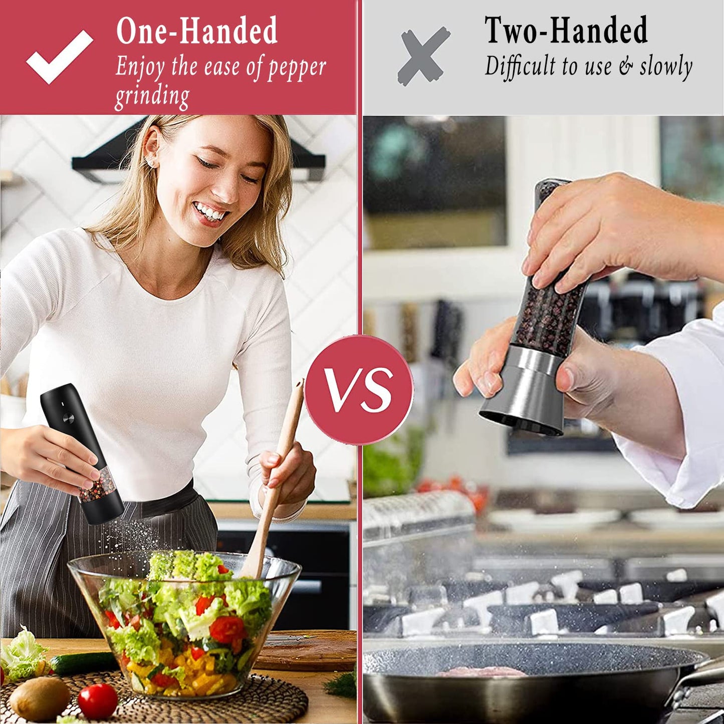Rechargeable Electric Salt & Pepper Grinder Set - One-Handed Operation, Adjustable Coarseness, LED Light