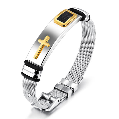 Men's Stainless Steel Gold Cross Bracelet – Geometric Mesh Design, Korean Style