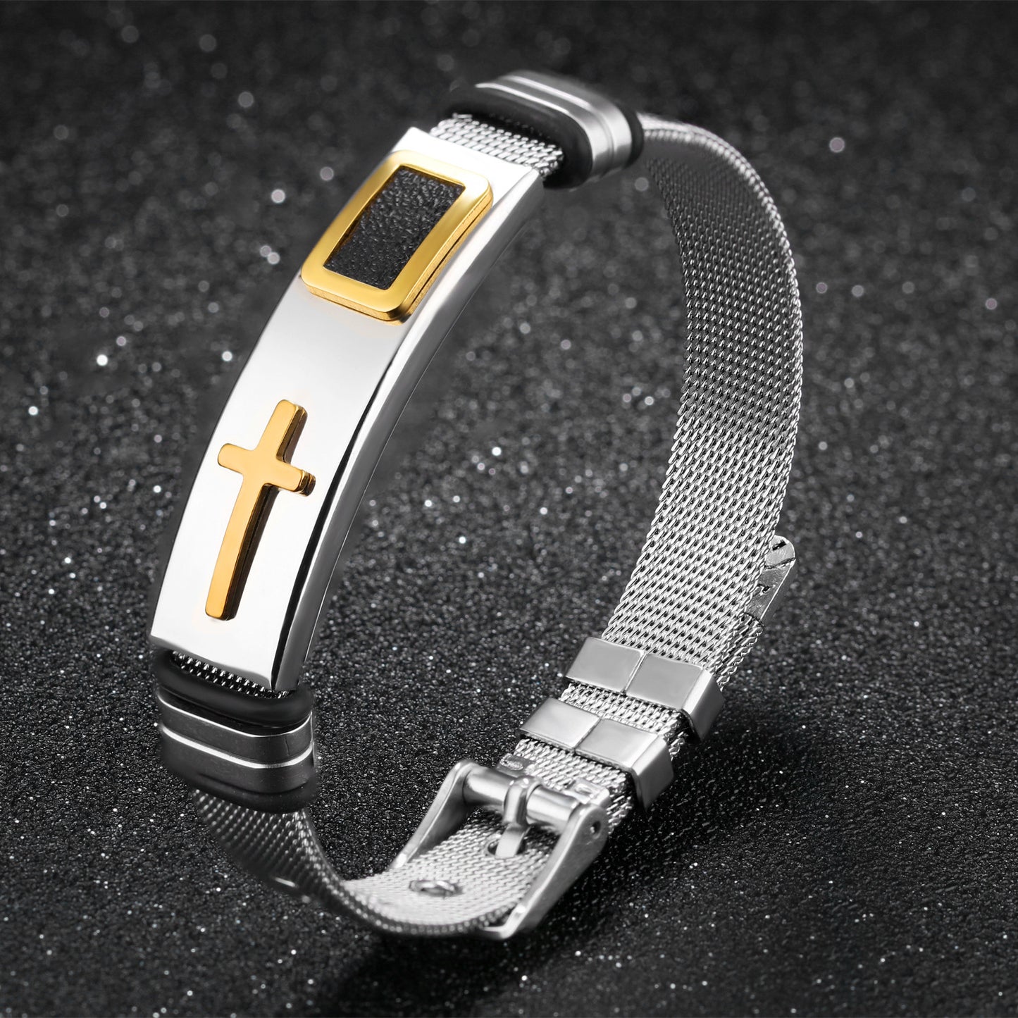 Men's Stainless Steel Gold Cross Bracelet – Geometric Mesh Design, Korean Style