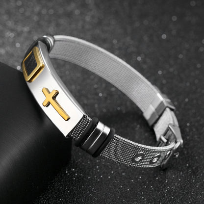 Men's Stainless Steel Gold Cross Bracelet – Geometric Mesh Design, Korean Style