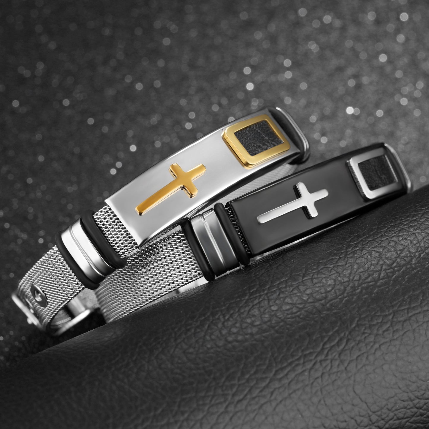 Men's Stainless Steel Gold Cross Bracelet – Geometric Mesh Design, Korean Style