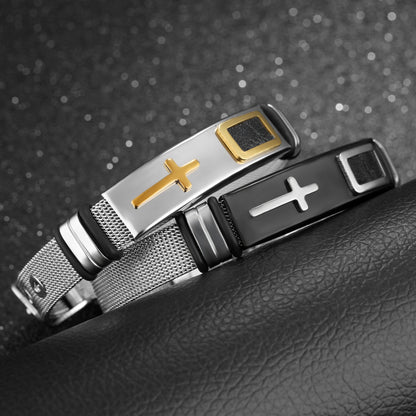 Men's Stainless Steel Gold Cross Bracelet – Geometric Mesh Design, Korean Style