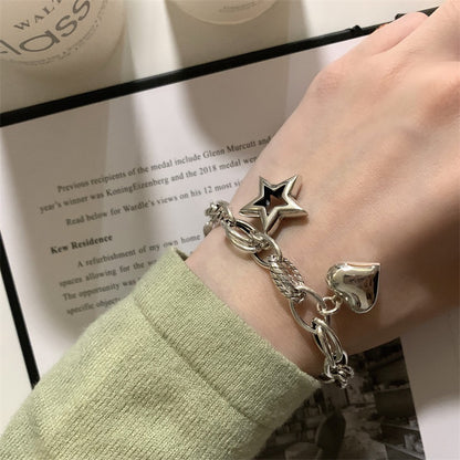 925 Sterling Silver Vintage Love Star Couple Bracelet - Heart Shape
