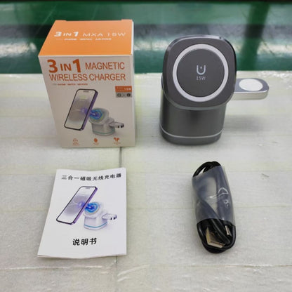 Three-in-One Folding Magnetic Wireless Fast Charging Charger for Phones, Earbuds, and Smartwatches