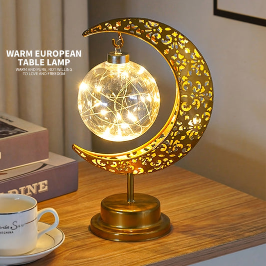 A Small Iron Moon and Star Round Ball Night Light – Ramadan, Valentine's Day Decorations, Cozy Bedroom Table Lamp with Atmospheric Design