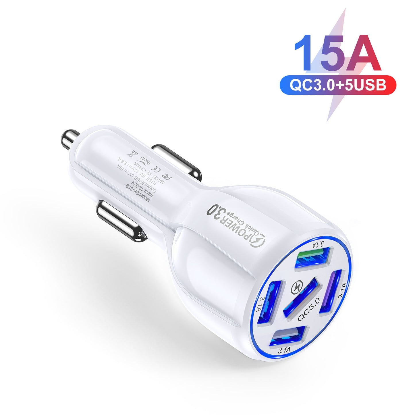 5-Port 15A QC3.0 Fast Car Charger – Multi-Device USB Charging Hub
