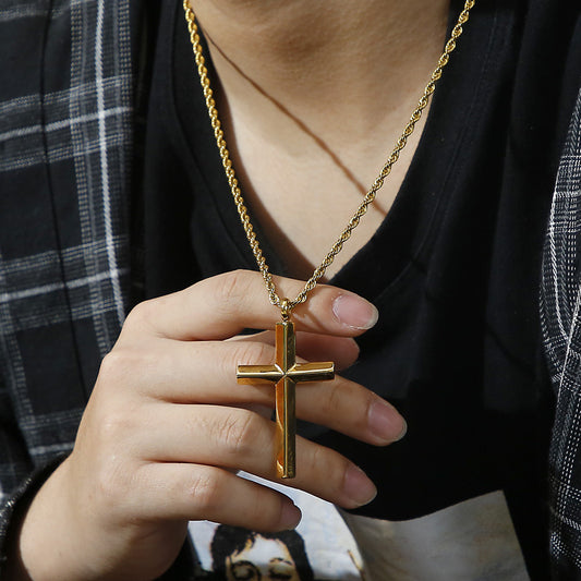 Men's Electroplated Cross Pendant Necklace – Titanium Steel Hemp Flower Chain