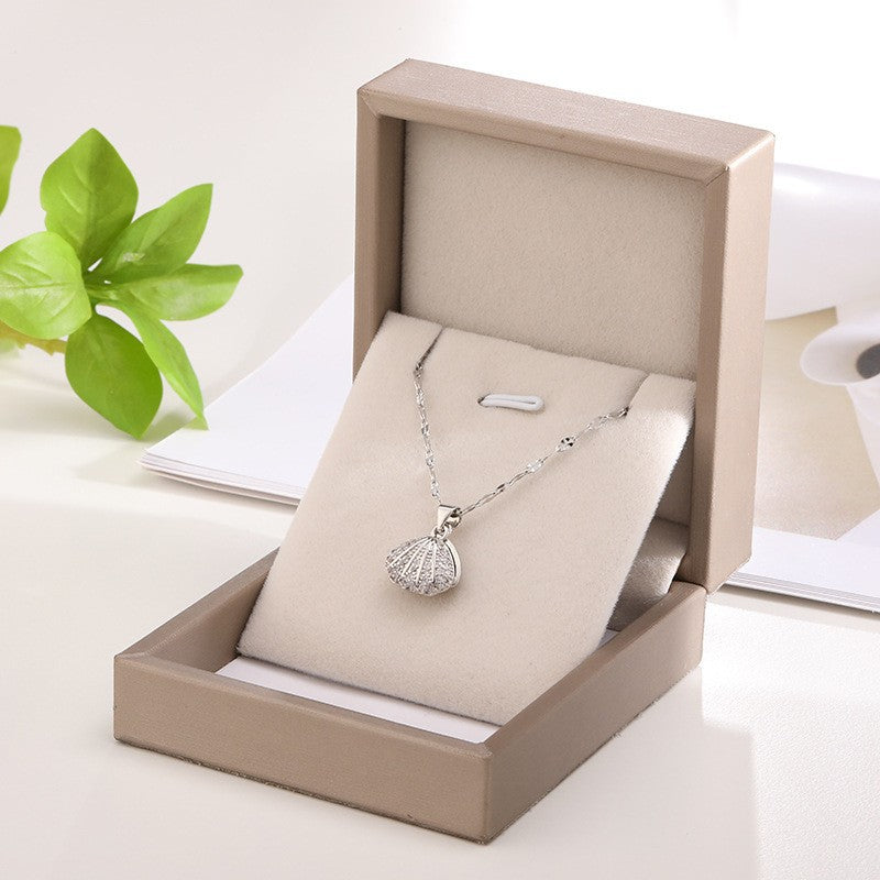 Shell Pearl Pendant Titanium Steel Necklace – Light Luxury Micro Inlay Rhinestones, Animal/Zodiac Design