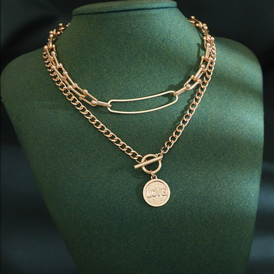 European & American Retro U-Shaped Double-Layer Metal Chain Necklace – Unisex Tag Pendant