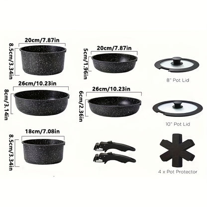 Aoran 15-Piece Nonstick Cookware Set With Detachable Handle – Induction, Dishwasher & Oven Safe
