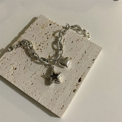 925 Sterling Silver Vintage Love Star Couple Bracelet - Heart Shape