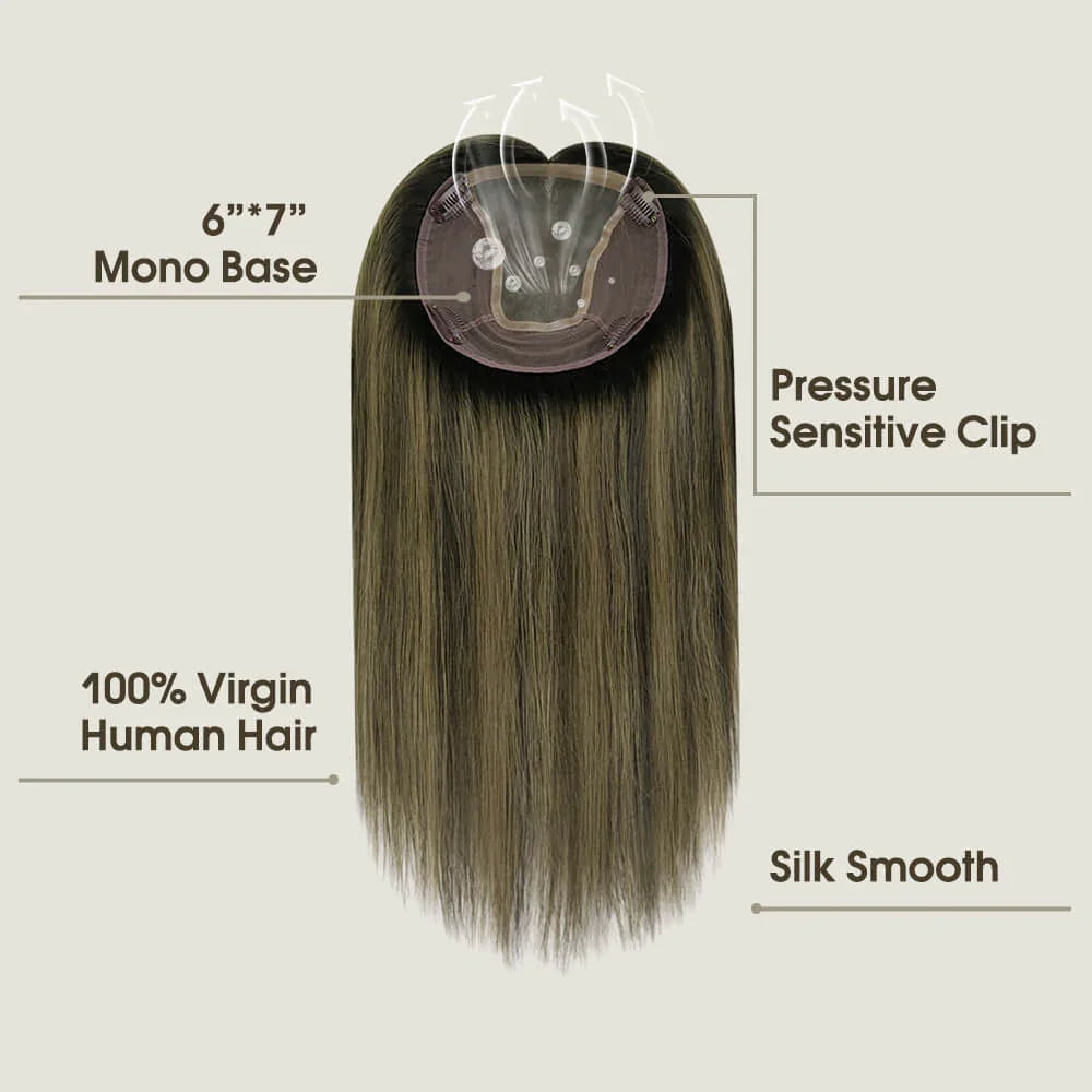 Hair Topper for Thinning Hair – 100% Brazilian Human Hair Piece, 6x7” Mono and PU Base, Hand-Made Extensions for Women