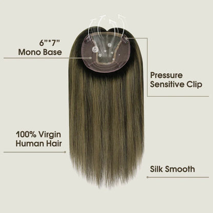 Hair Topper for Thinning Hair – 100% Brazilian Human Hair Piece, 6x7” Mono and PU Base, Hand-Made Extensions for Women