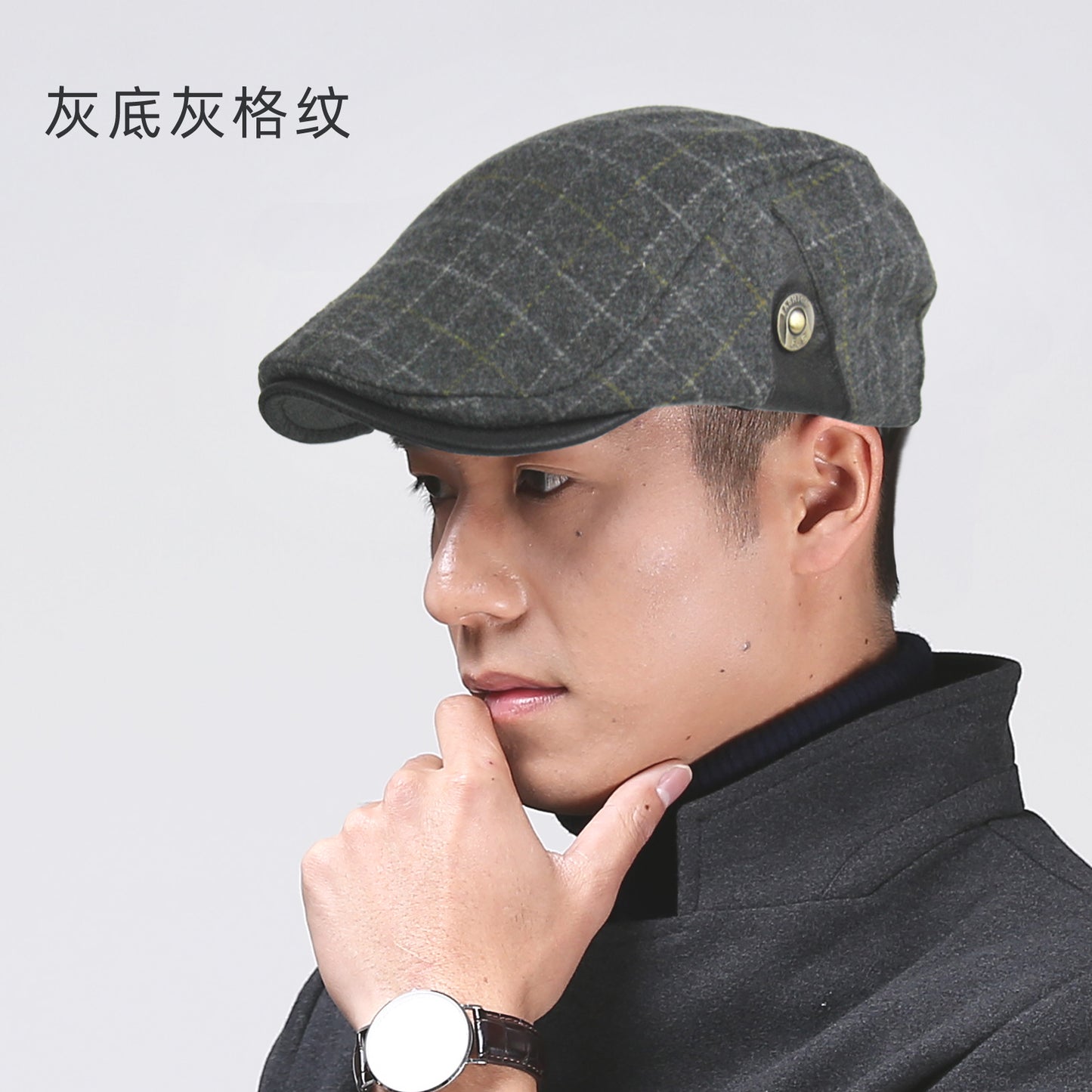 Men’s Retro Plaid Wool Peaked Cap – Casual Autumn/Winter Beret