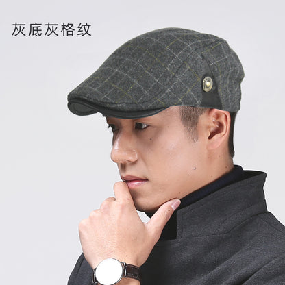 Men’s Retro Plaid Wool Peaked Cap – Casual Autumn/Winter Beret