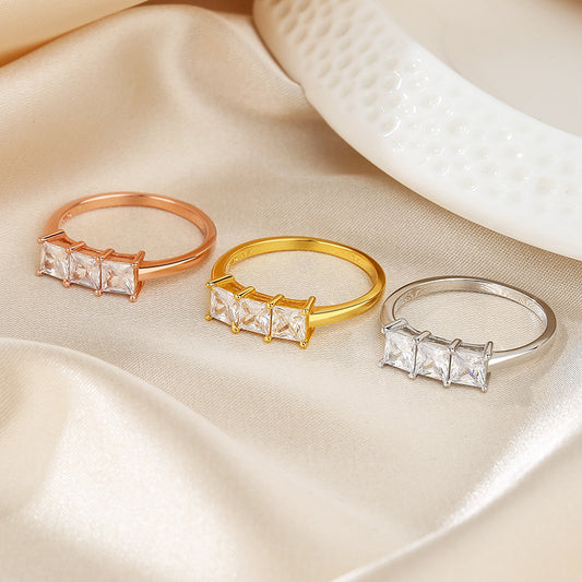 Female Zircon 925 Silver Ring – Simple Geometric Design in Gold, Platinum & Rose Gold