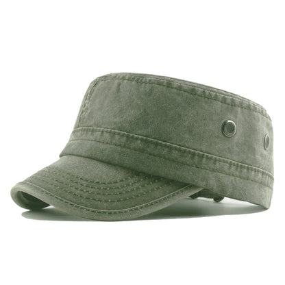 Men’s Flat Top Military Cap – Washed Cotton Sun Hat with Curved Brim