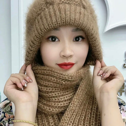 Women’s Velvet Snow Hat with Scarf – Thickened Knit Winter Warmth
