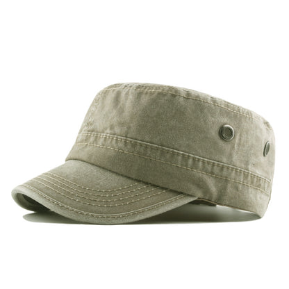 Men’s Flat Top Military Cap – Washed Cotton Sun Hat with Curved Brim
