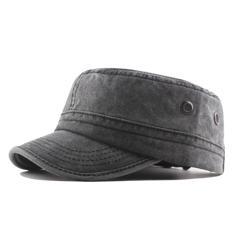 Men’s Flat Top Military Cap – Washed Cotton Sun Hat with Curved Brim