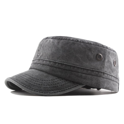Men’s Flat Top Military Cap – Washed Cotton Sun Hat with Curved Brim