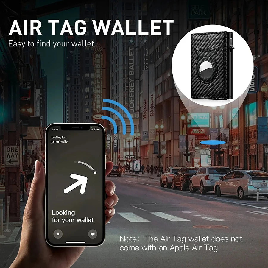 Men’s Carbon Fiber Rfid Wallet With Airtag Holder – Trifold Leather Pop-Up Card Holder, Magnetic Card Clip & Zipper Coin Pocket