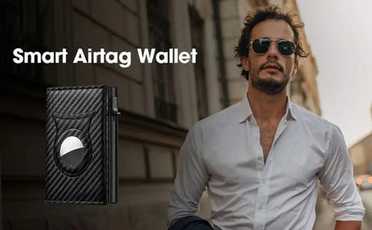 Men’s Carbon Fiber Rfid Wallet With Airtag Holder – Trifold Leather Pop-Up Card Holder, Magnetic Card Clip & Zipper Coin Pocket