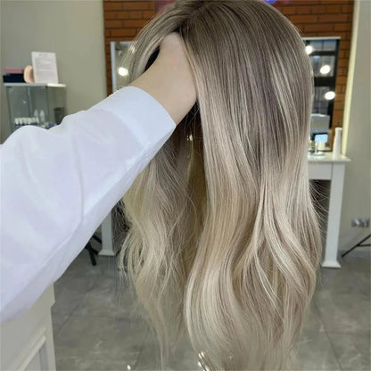 14 Inch Brown Highlight Bob Wig – Wavy Synthetic Lace Front Wig with Dark Roots, Ash Blonde, Pre-Plucked, Daily Use Wig for Women