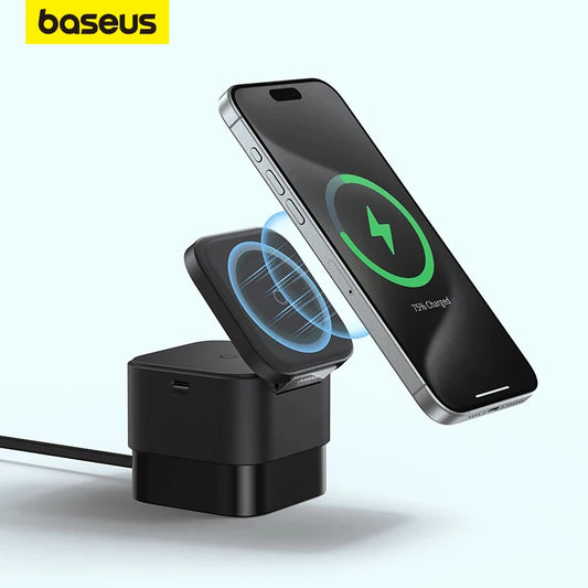 Baseus 2-in-1 Cube Magnetic Wireless Charger with Retractable Cable - Fast Charging for iPhone 15/14 Pro & AirPods