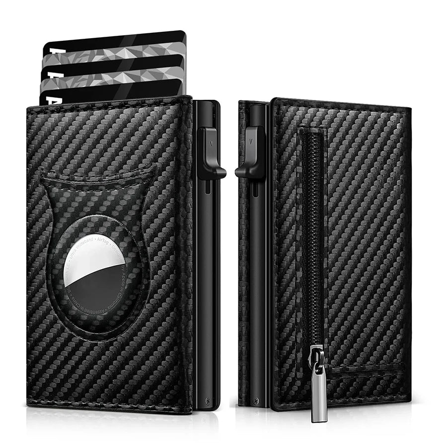 Men’s Carbon Fiber Rfid Wallet With Airtag Holder – Trifold Leather Pop-Up Card Holder, Magnetic Card Clip & Zipper Coin Pocket