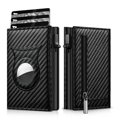 Men’s Carbon Fiber Rfid Wallet With Airtag Holder – Trifold Leather Pop-Up Card Holder, Magnetic Card Clip & Zipper Coin Pocket