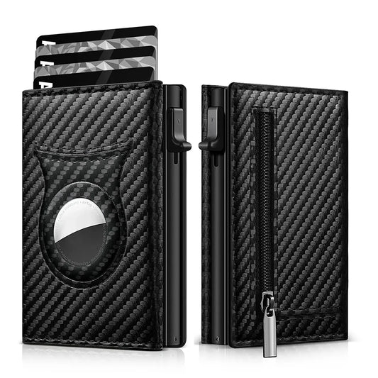 Men’s Carbon Fiber Rfid Wallet With Airtag Holder – Trifold Leather Pop-Up Card Holder, Magnetic Card Clip & Zipper Coin Pocket