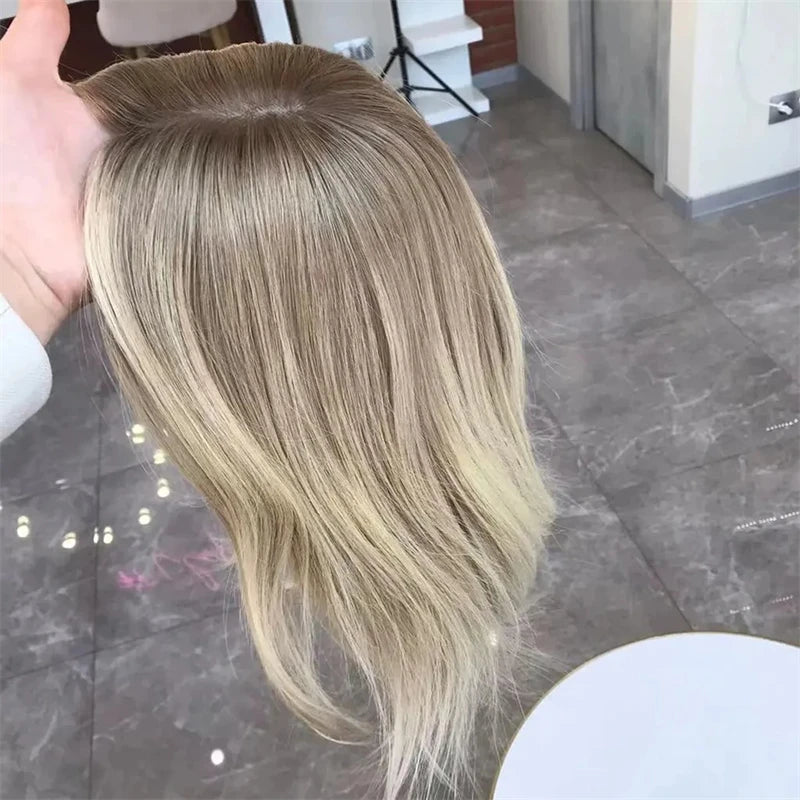 14 Inch Brown Highlight Bob Wig – Wavy Synthetic Lace Front Wig with Dark Roots, Ash Blonde, Pre-Plucked, Daily Use Wig for Women