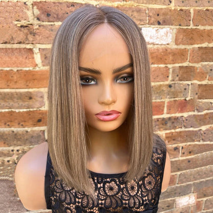 12” Brown Blonde Balayage Lace Front Wig – 100% Virgin European Human Hair Bob Wig, Pre-Plucked, HD Transparent Lace, 150% Density