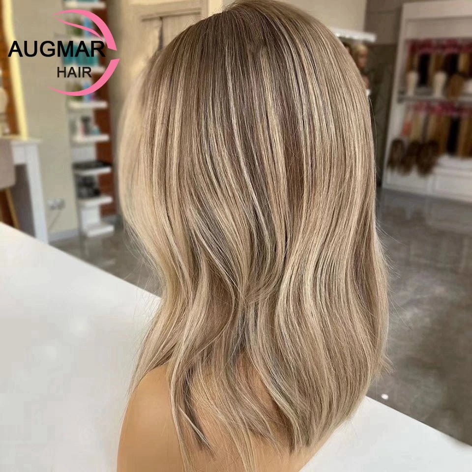 Brown Ash Blonde Highlight Wig – Short 360 Lace Frontal Human Hair Wig for Women, 13x6 HD Transparent Lace Front, Pre-Plucked Virgin Brazilian Hair