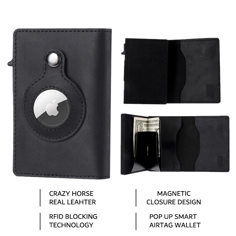 Genuine Cow Leather Airtag Wallet For Men – Rfid Blocking Slim Pop-Up Card Holder With Magnetic Closure, Minimalist Smart Wallet