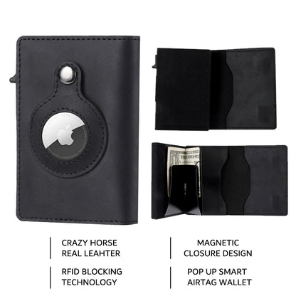 Genuine Cow Leather Airtag Wallet For Men – Rfid Blocking Slim Pop-Up Card Holder With Magnetic Closure, Minimalist Smart Wallet