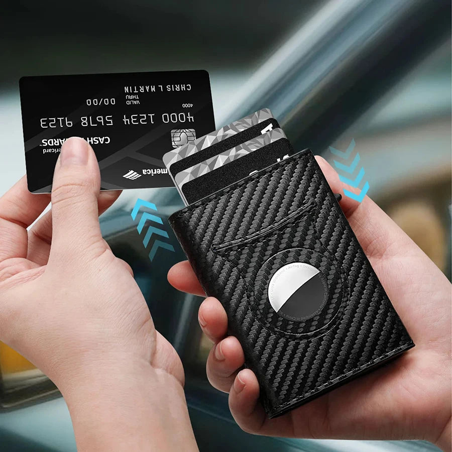 Men’s Carbon Fiber Rfid Wallet With Airtag Holder – Trifold Leather Pop-Up Card Holder, Magnetic Card Clip & Zipper Coin Pocket