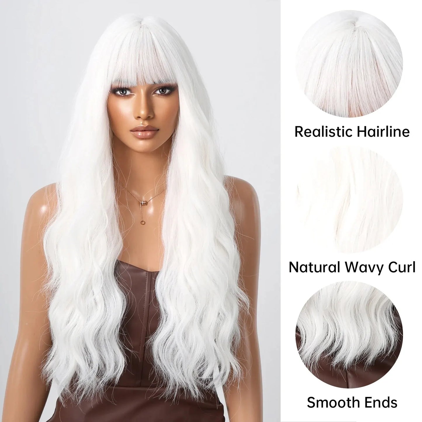 Blonde Synthetic Cosplay Wig - Long Curly White Wig with Bangs for Black Women - Heat-Resistant Fiber Water Wave Hair