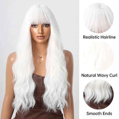 Blonde Synthetic Cosplay Wig - Long Curly White Wig with Bangs for Black Women - Heat-Resistant Fiber Water Wave Hair